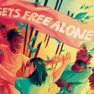 Illustration of two girls running towards one another for a hug. A group of children cheer in the background. Above them is a sign that says “NO ONE GETS FREE ALONE”.