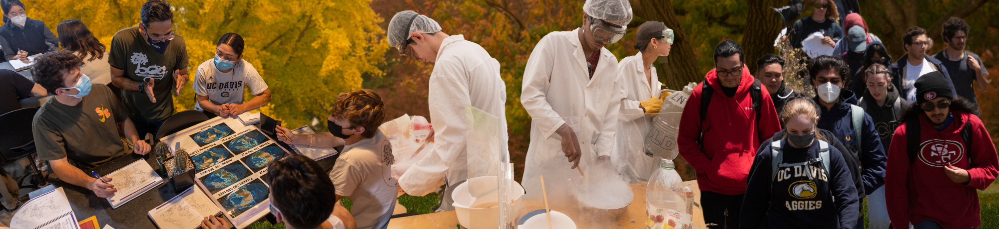 Collage of students. On the left is a group of students sitting at a table with paper. In the middle is a group of students wearing lab coats doing a science experiment. On the right is a group of UC Davis students walking together.